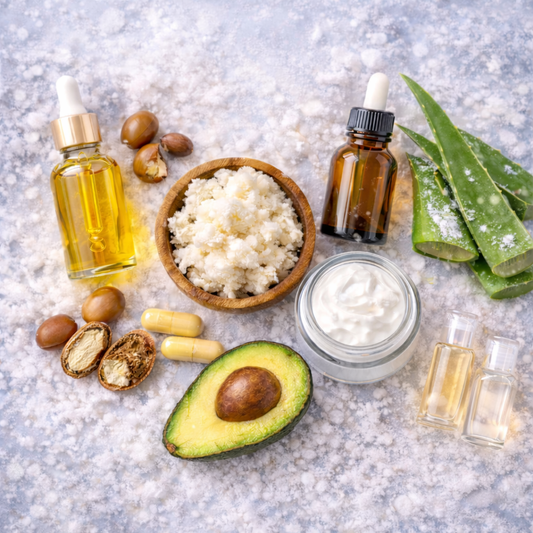 Flatlay zeigt verschiedene Inhaltsstoffe für gute Hautpflege im Winter