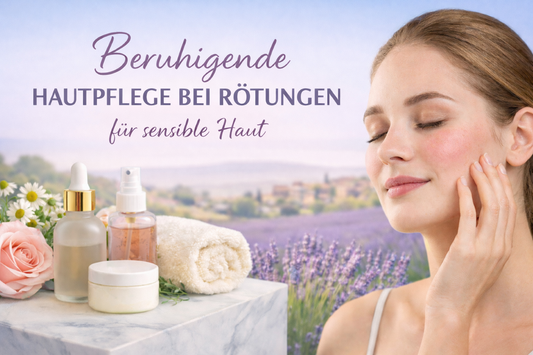 Blogbild zu beruhigender Hautpflege bei Rötungen: Eine Frau mit leicht geröteten Wangen berührt sanft ihr Gesicht, daneben stehen Naturkosmetik-Produkte vor einem weichen Lavendelfeld-Hintergrund in zarten Rosé- und Lilatönen.