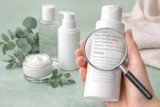 Hand hält eine weiße Naturkosmetik-Flasche, die INCI-Liste wird mit einer Lupe geprüft; im Hintergrund stehen minimalistische Pflegeprodukte, Eukalyptuszweige– Symbolbild für duftstofffreie Naturkosmetik als Alternative f