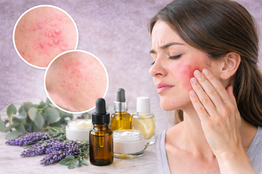 Frau mit geröteter, gereizter Wange berührt ihr Gesicht; im Vordergrund stehen Naturkosmetik-Produkte und ein ätherisches Öl, daneben Detailausschnitte von Hautirritationen – Symbolbild für Duftstoff- und ätherische-Öle-Allergien.