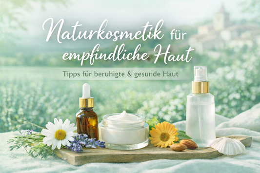 Naturkosmetik Produkte für empfindliche Haut in sanften Grüntönen mit Pflanzen, Creme und Serum vor natürlicher Landschaft – ruhige, beruhigende Hautpflege Szene